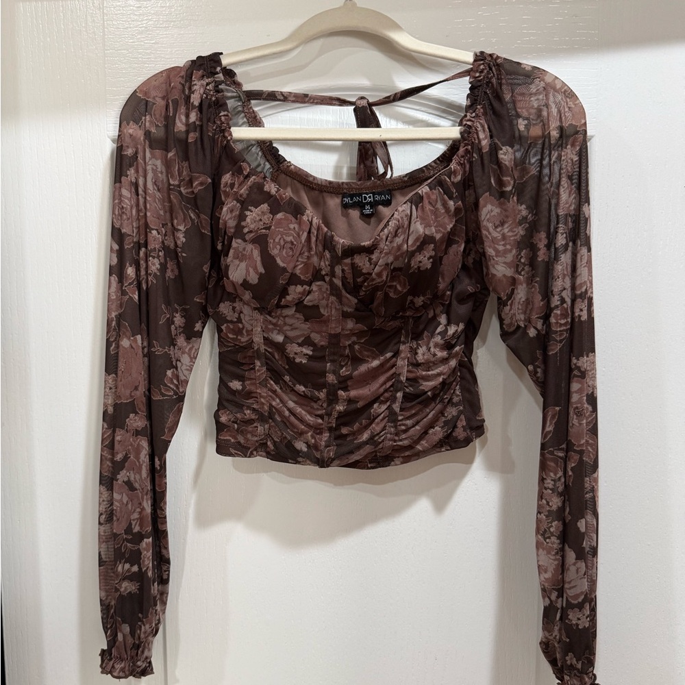 Floral Ruched Long-Sleeve Smocked Top - Brown Floral